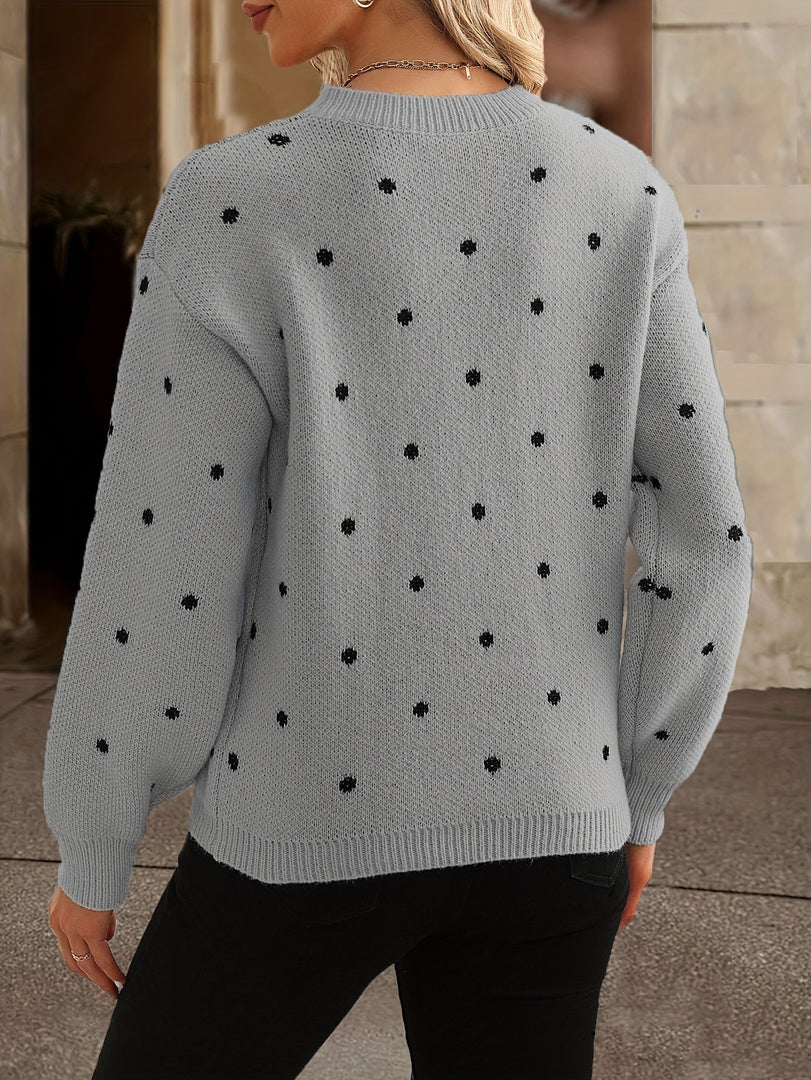 Women's polka dot knit sweater in grey – back view