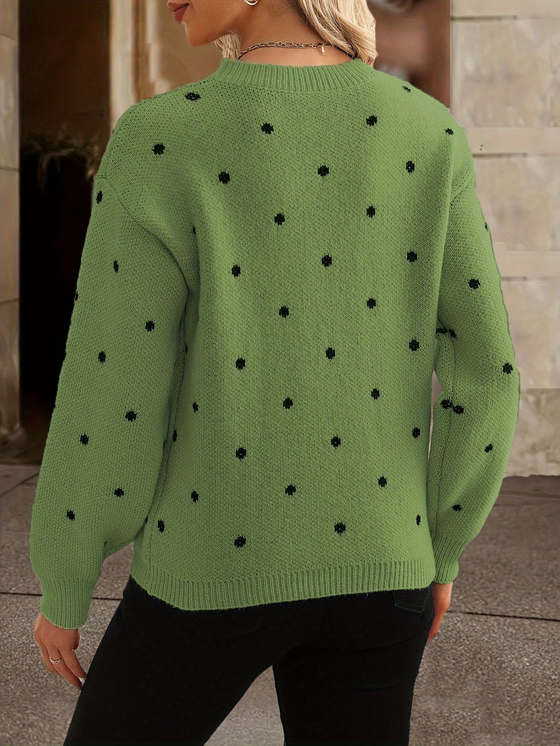 Women's polka dot knit sweater in green – back view
