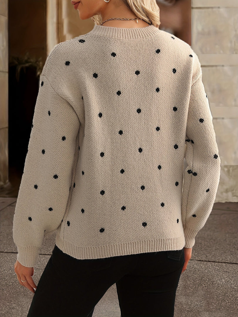 Women's polka dot knit sweater in khaki – back view