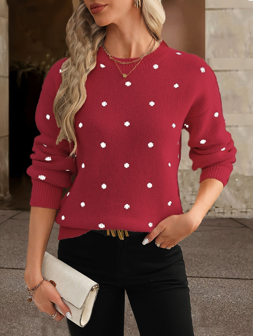 Women's polka dot knit sweater in red – front view