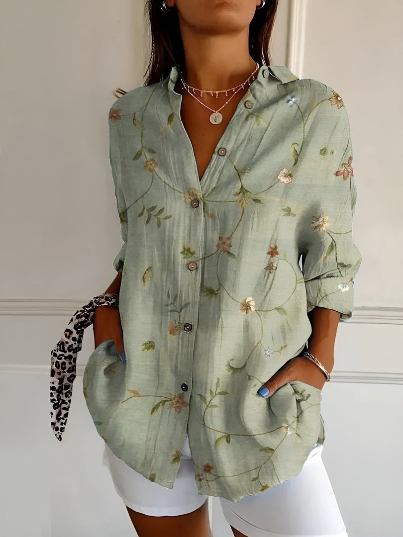 Women's Printed Button-Up Blouse in sage floral