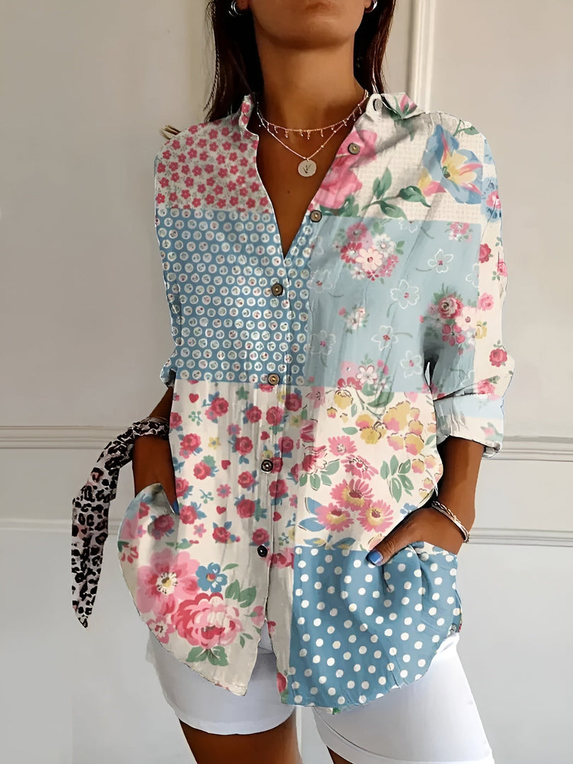 Women's printed button-up blouse in floral patchwork – close-up