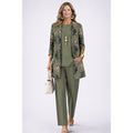 Women's three-piece set with printed cardigan in green – worn look