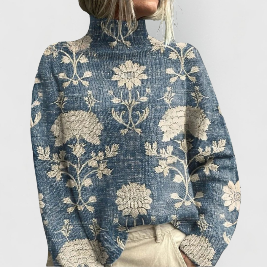 Women's Printed Turtleneck Sweater with Nature Motifs in 3 Colors for Cold Days