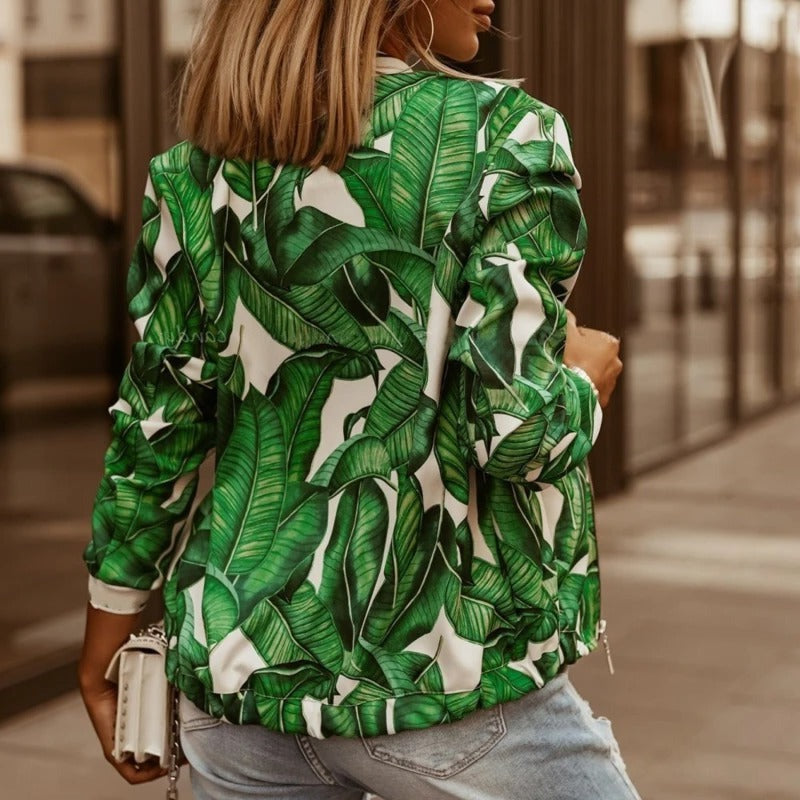 Women's printed zip jacket in green – back view