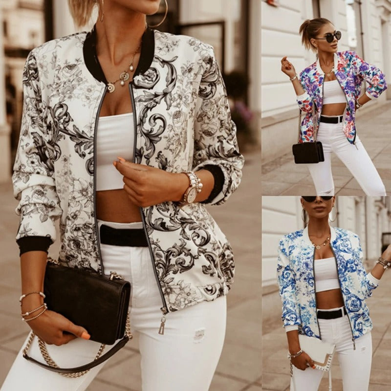 Women's printed zip jacket in black white – with bag