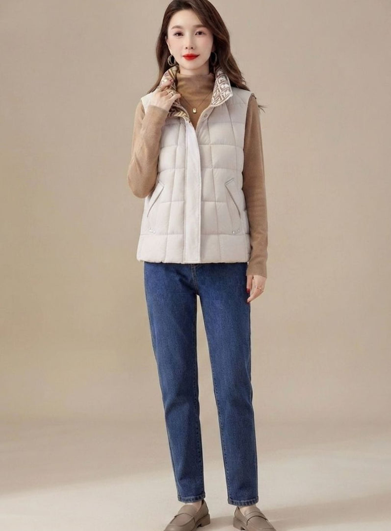 Women's High Collar Quilted Gilet in cream