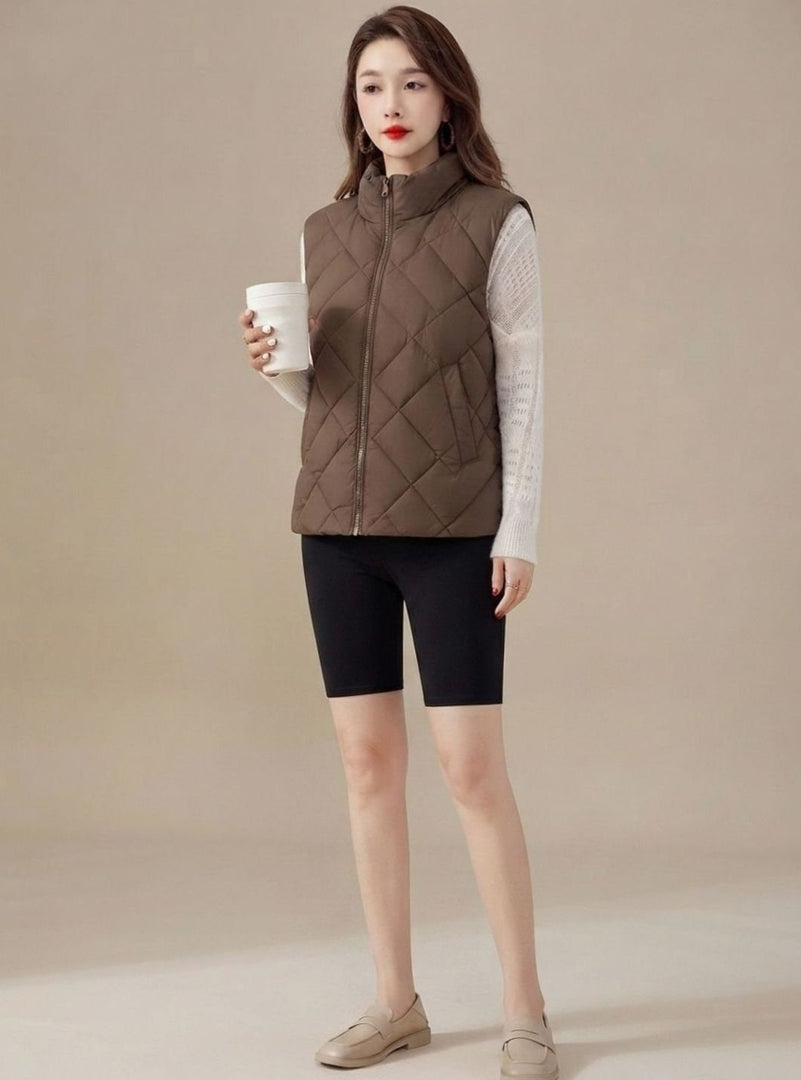 Women's high collar quilted gilet in coffee brown – with shorts