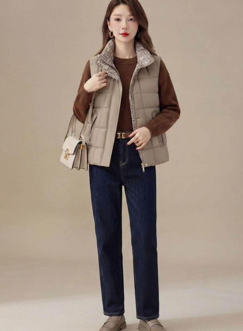Women's high collar quilted gilet in coffee brown – side view
