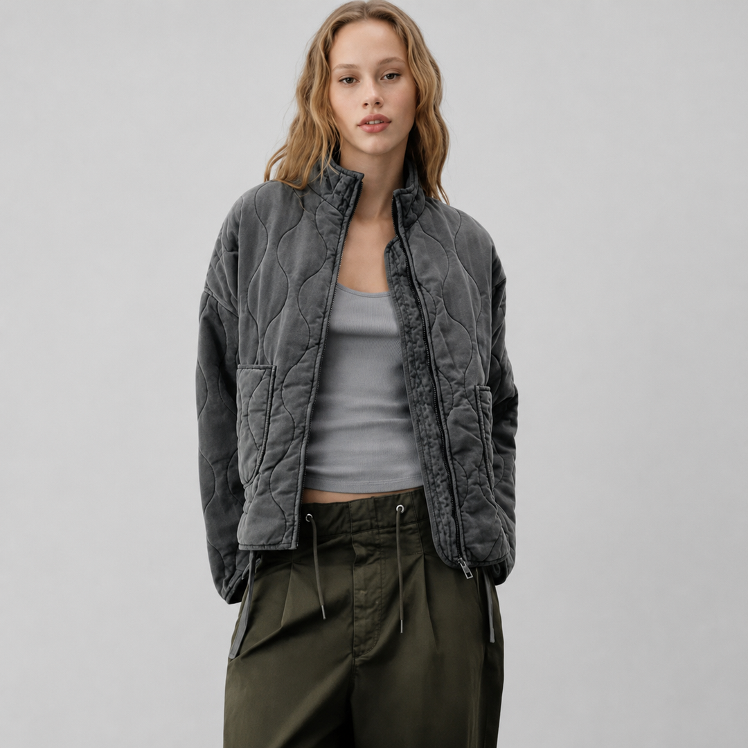 Women's High Collar Quilted Jacket in dark grey