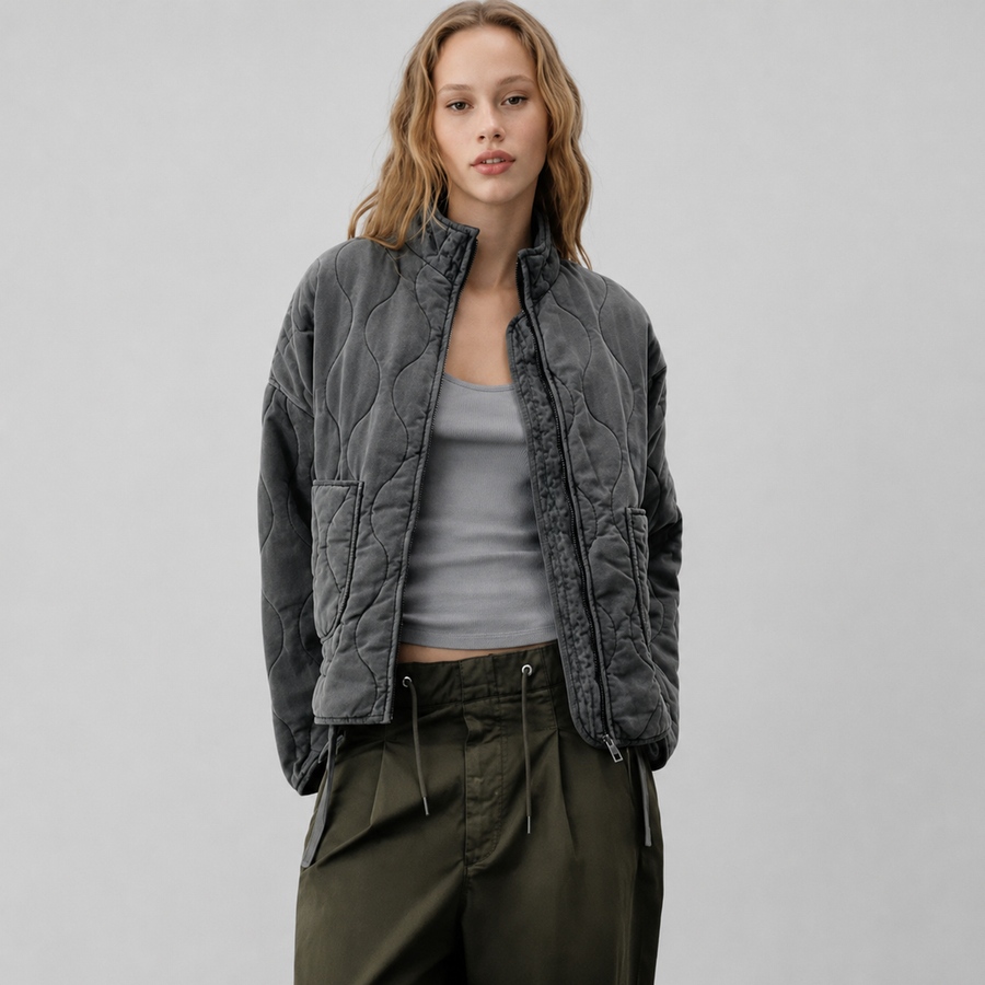 Women's Quilted Jacket with High Collar and Patch Pockets in 5 Colors