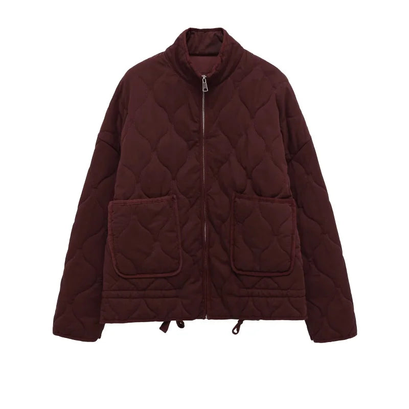 Women's high collar quilted jacket in burgundy – flat view