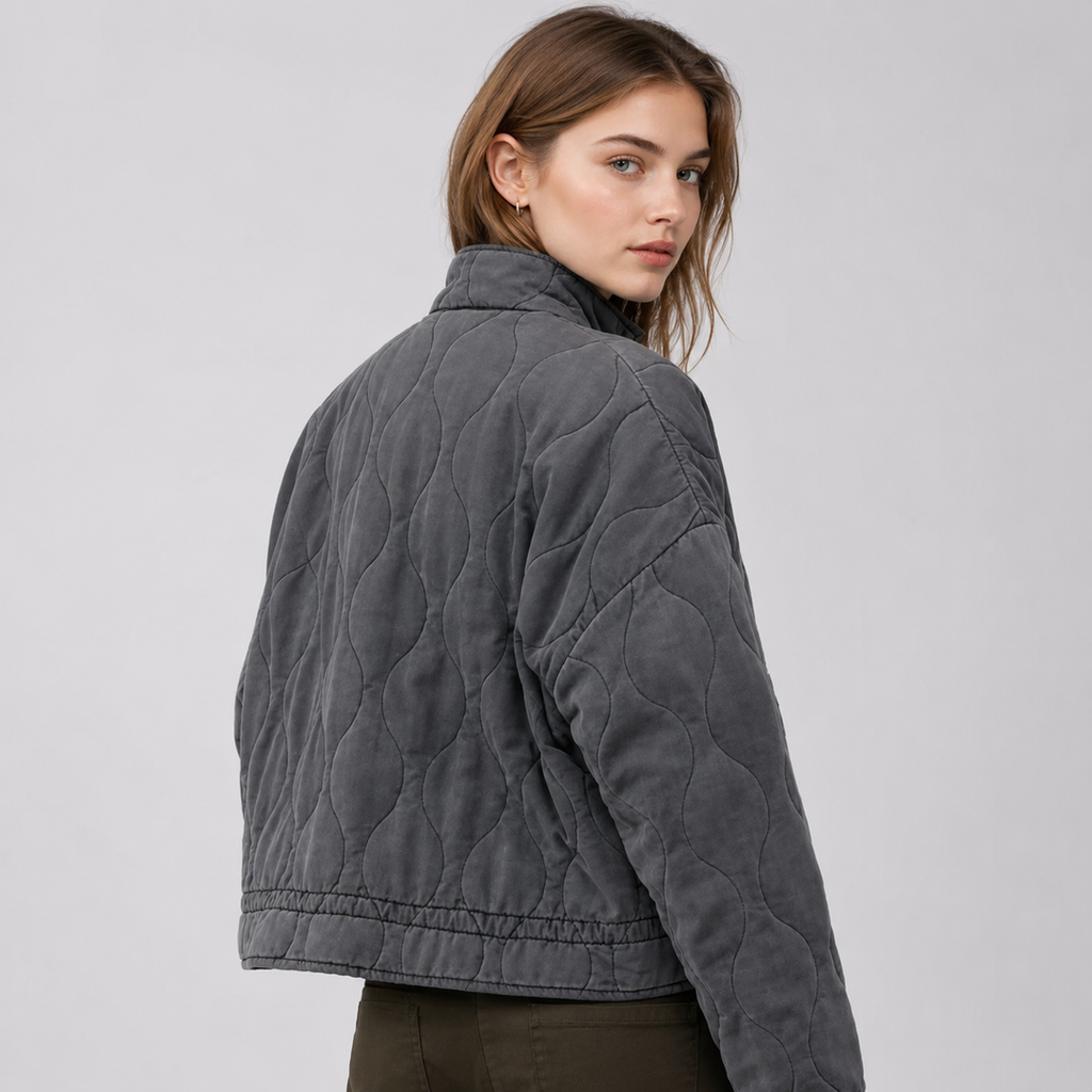 Women's high collar quilted jacket in dark grey – back view