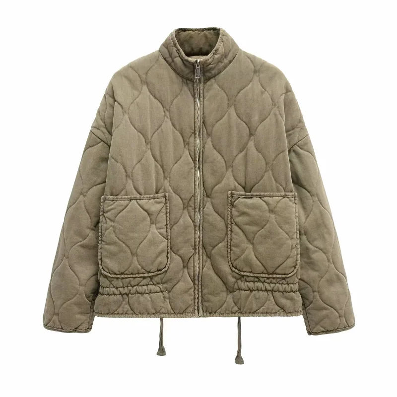 Women's high collar quilted jacket in khaki – flat view