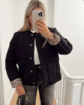 Women's Leopard Cuff Quilted Jacket in black