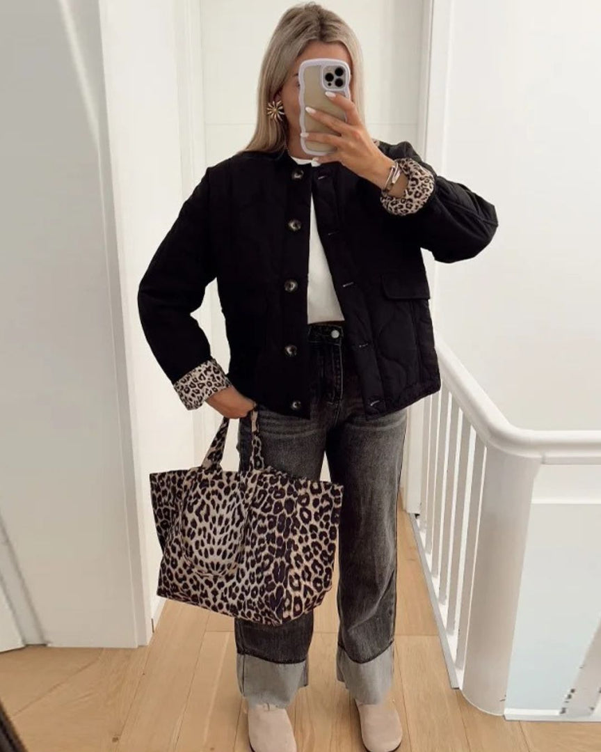 Women's leopard cuff quilted jacket in black – with tote bag
