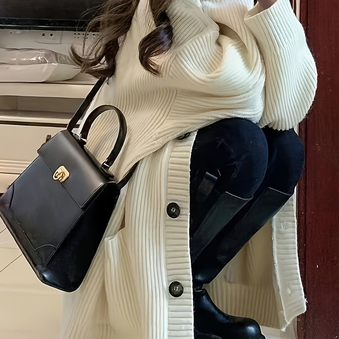 Women's relaxed button front cardigan in beige – with bag