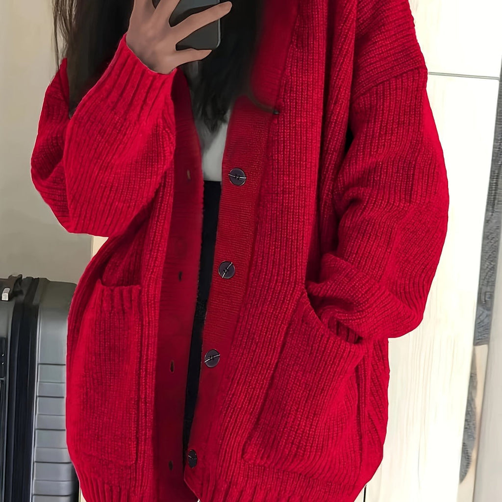 Women's relaxed button front cardigan in red – close-up