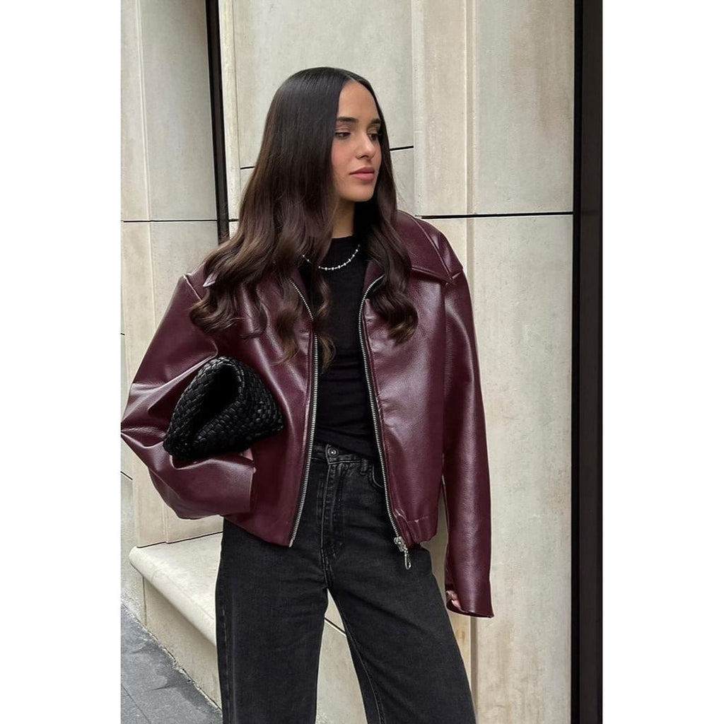 Women's relaxed leather look jacket in burgundy, with a bag