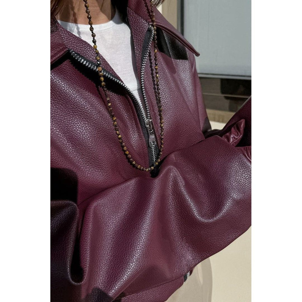 Women's relaxed leather look jacket in burgundy, zip detail