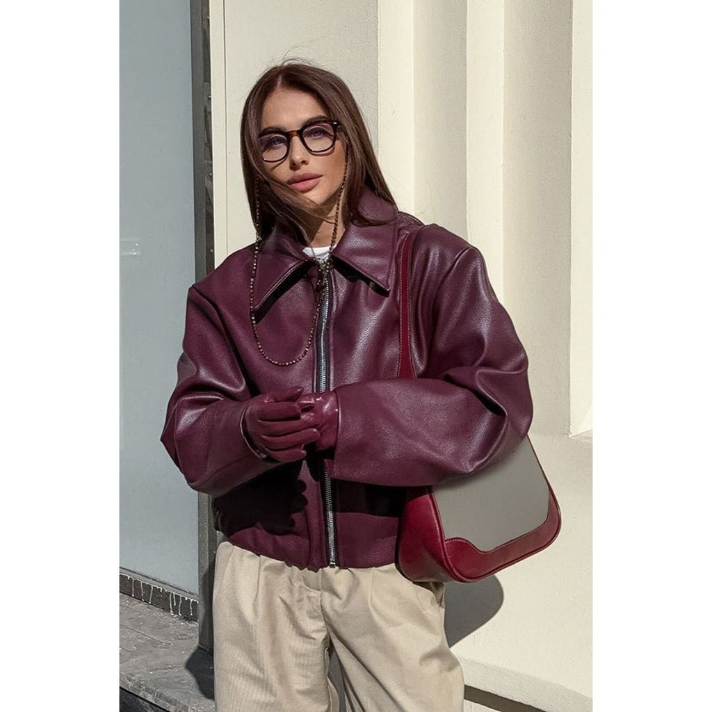 Women's relaxed leather look jacket in burgundy