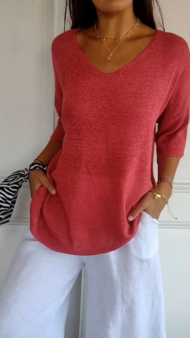 Women's Relaxed V-Neck Tunic Sweater in 9 Colors for Everyday Wear