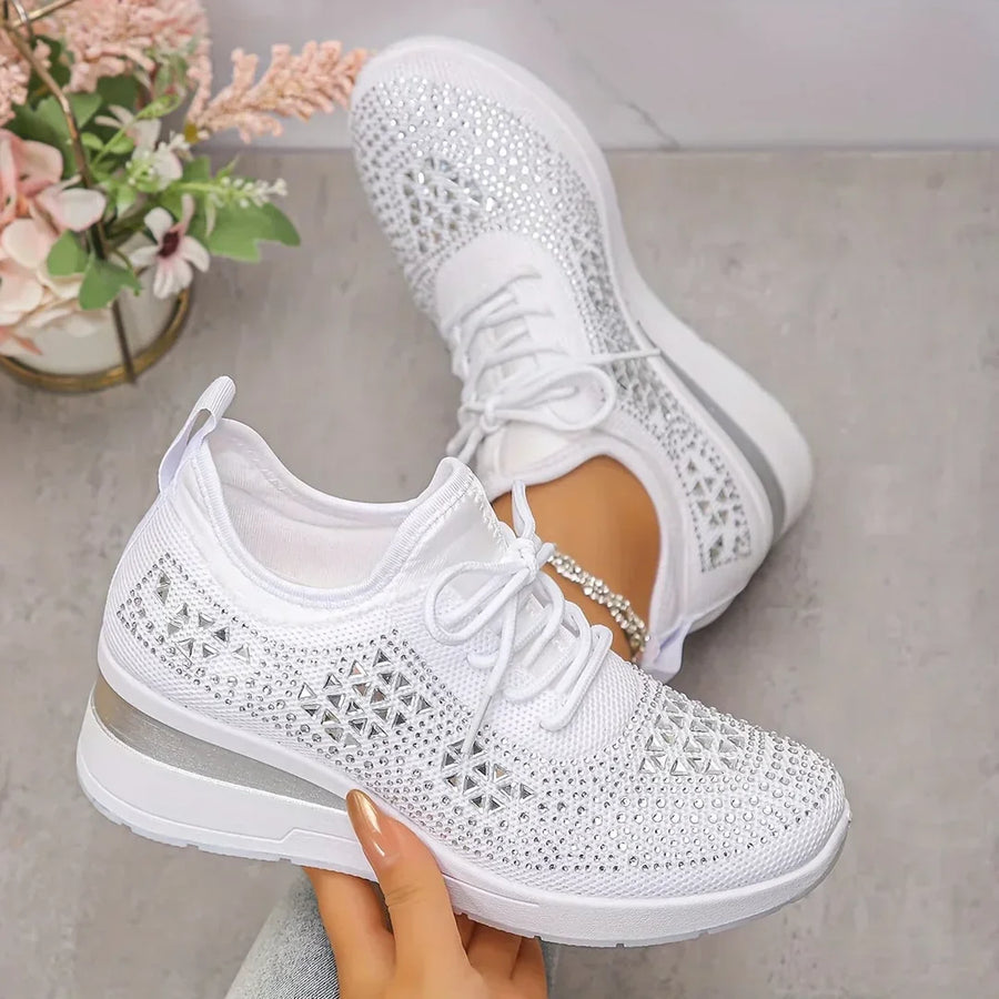 Women's Rhinestone Knit Sneakers with Wedge Sole in 7 Colors for Everyday Wear