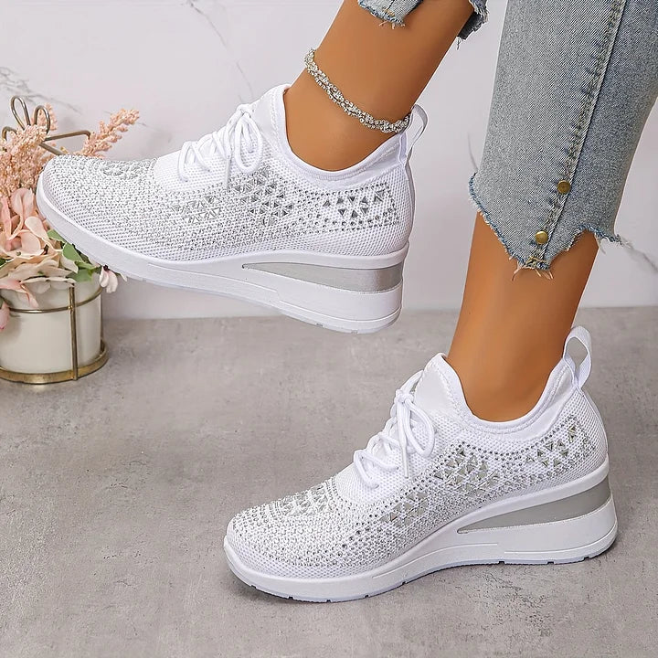 Women's rhinestone knit sneakers in white – worn