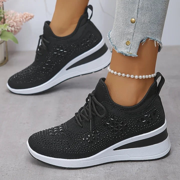 Women's rhinestone knit sneakers in black – worn