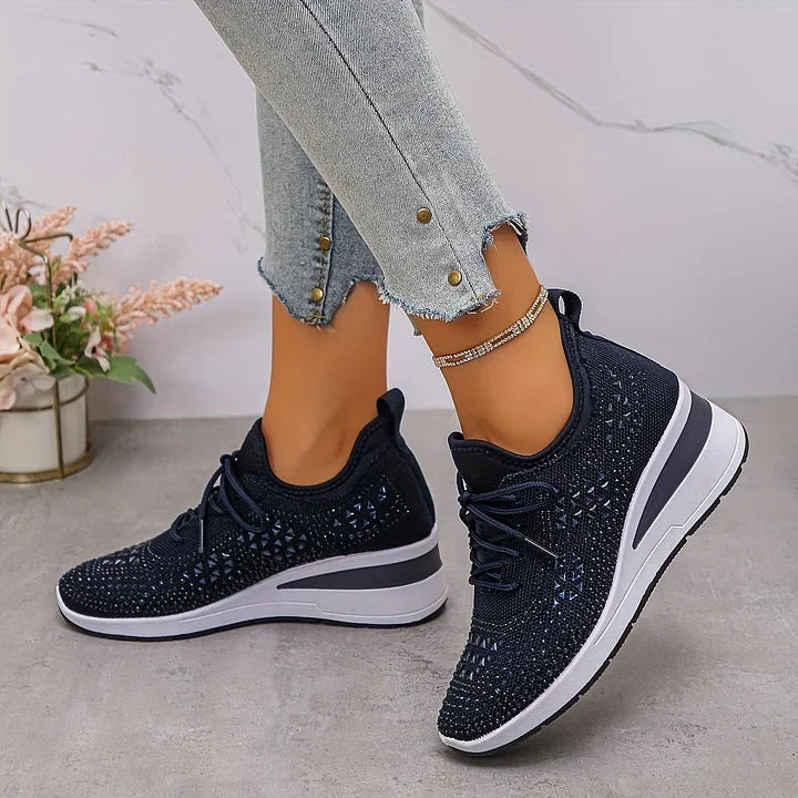 Women's rhinestone knit sneakers in navy – worn