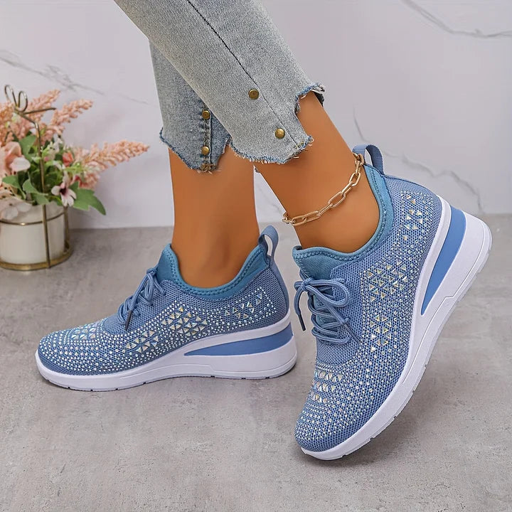 Women's rhinestone knit sneakers in blue – worn