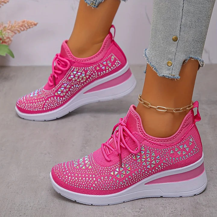 Women's rhinestone knit sneakers in hot pink – worn