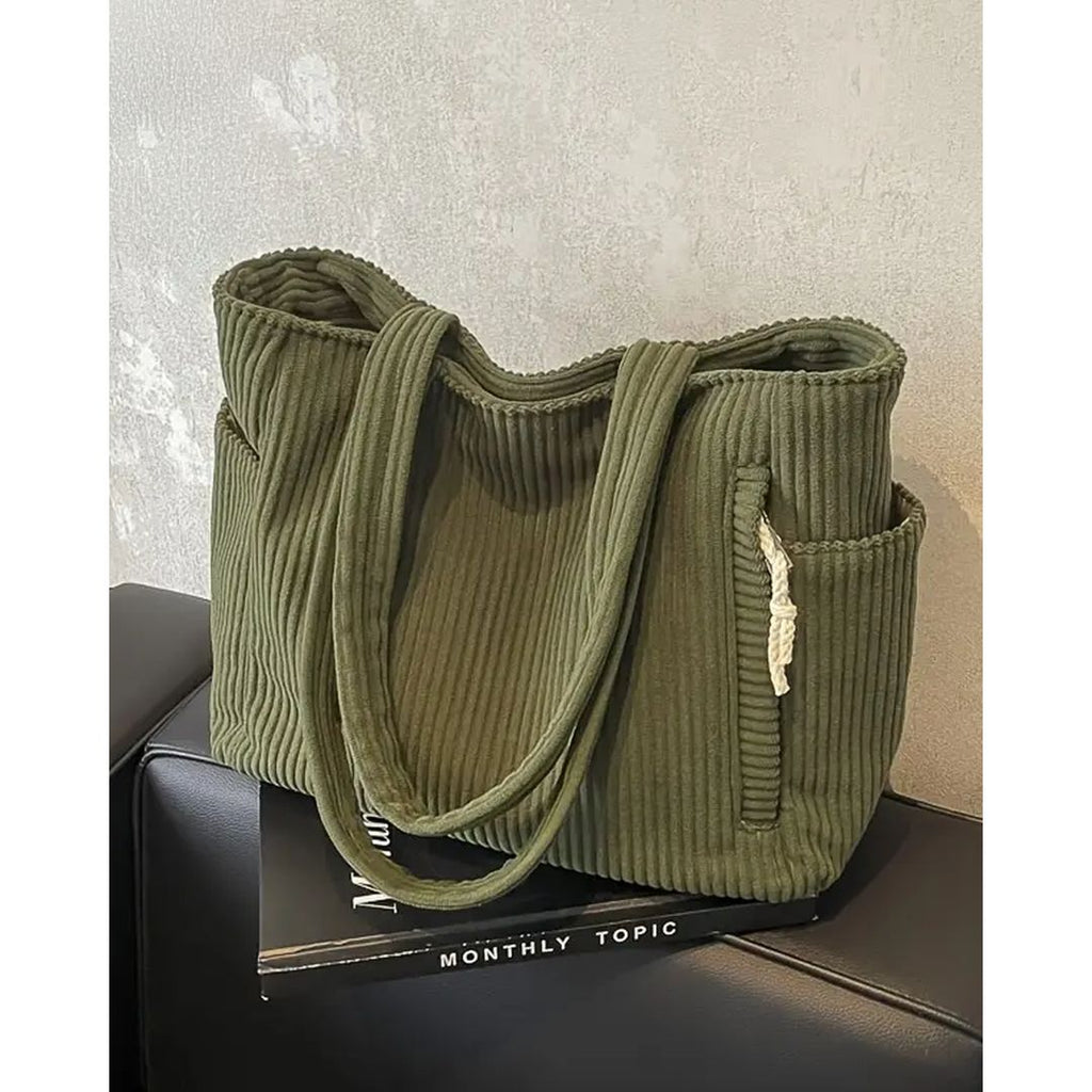 Women's ribbed tote bag with side pockets in olive green