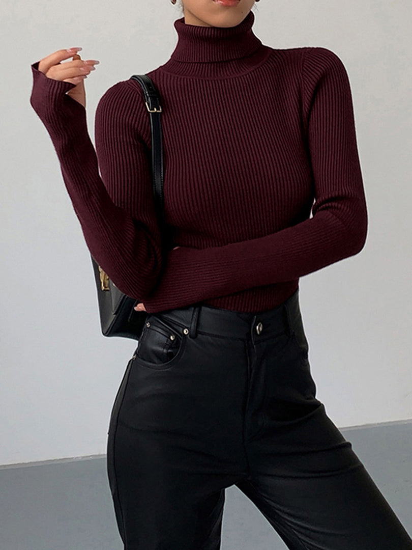 Women's Ribbed Turtleneck Top with Thumb Holes in 5 Colors for Layering