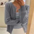 Women's round neck knit cardigan in grey – front view