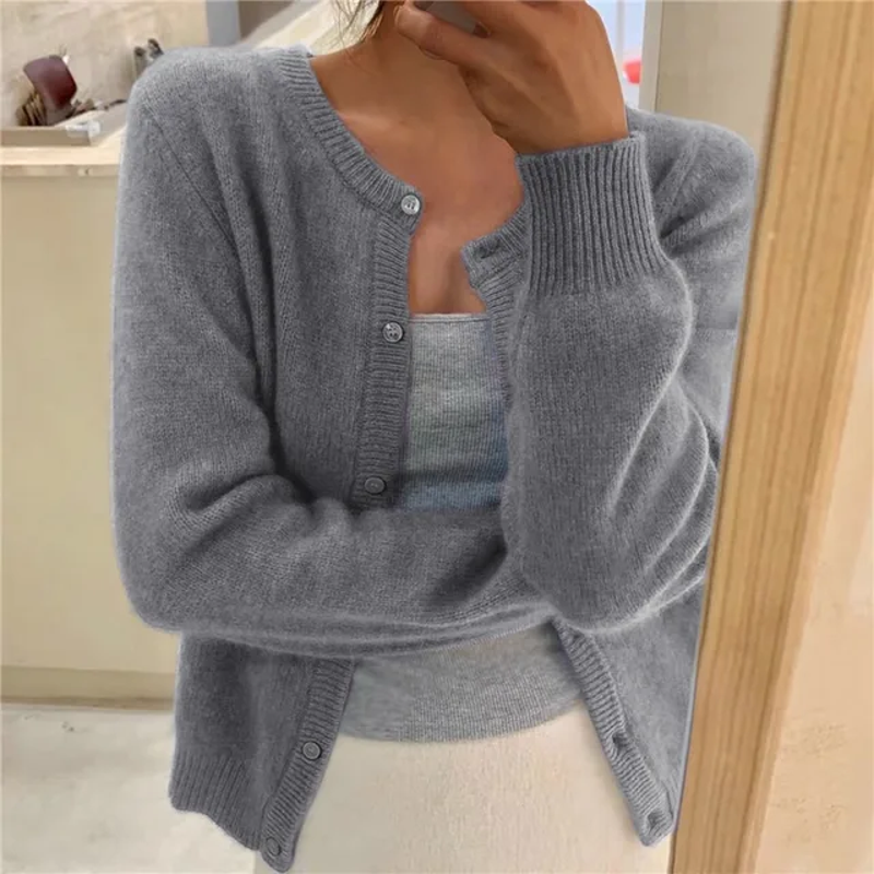 Women's round neck knit cardigan in grey – front view
