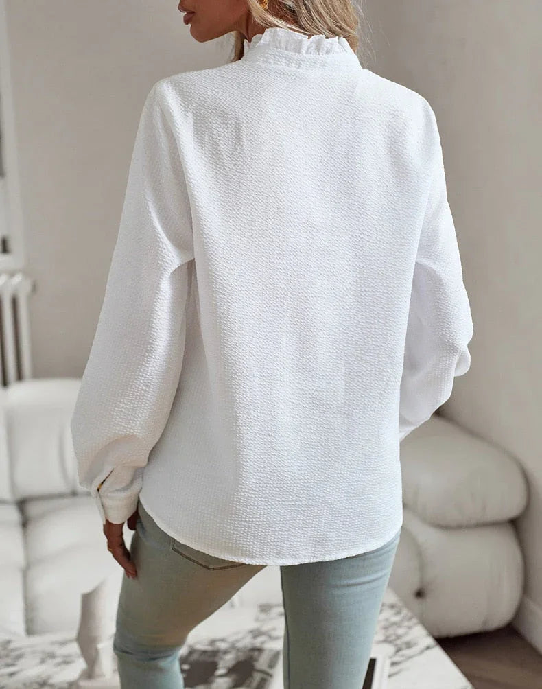 Women's ruffle trim blouse in white – back view