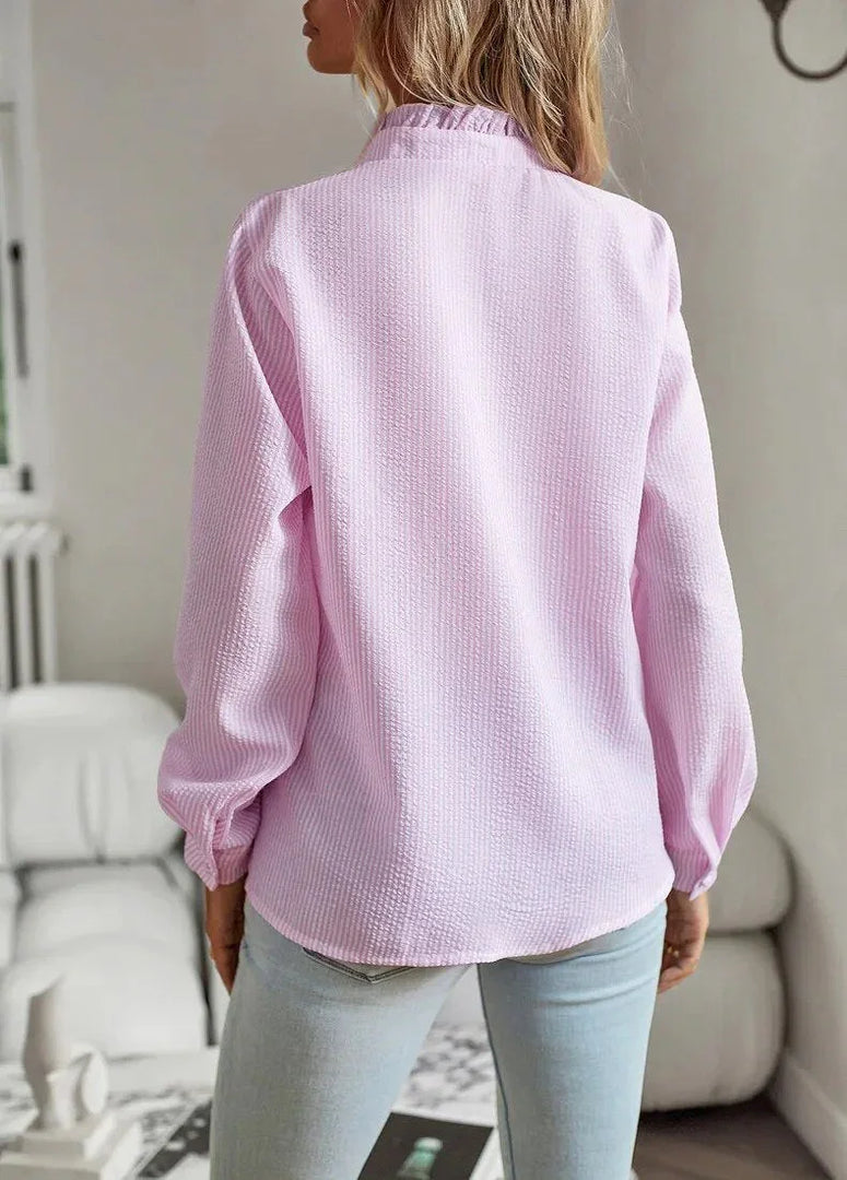 Women's ruffle trim blouse in pink – back view