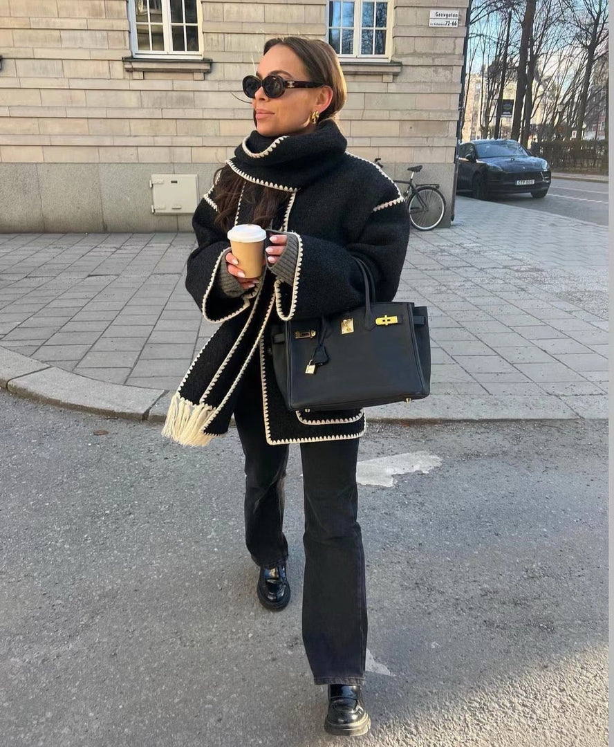 Women's Scarf Collar Jacket with Contrast Stitching in 7 Colors