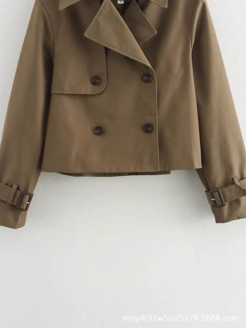 Women's short double-breasted trench jacket in brown – flat view
