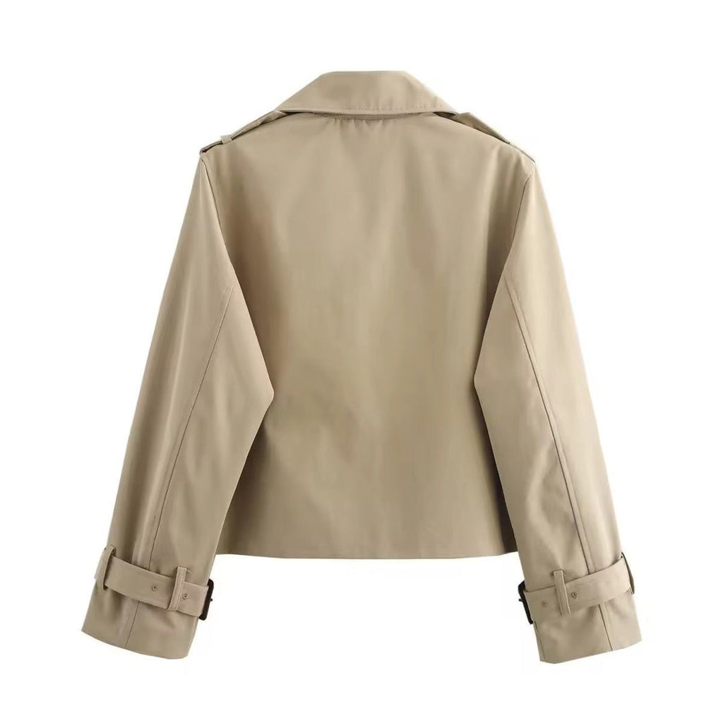 Women's short double-breasted trench jacket in beige – back view