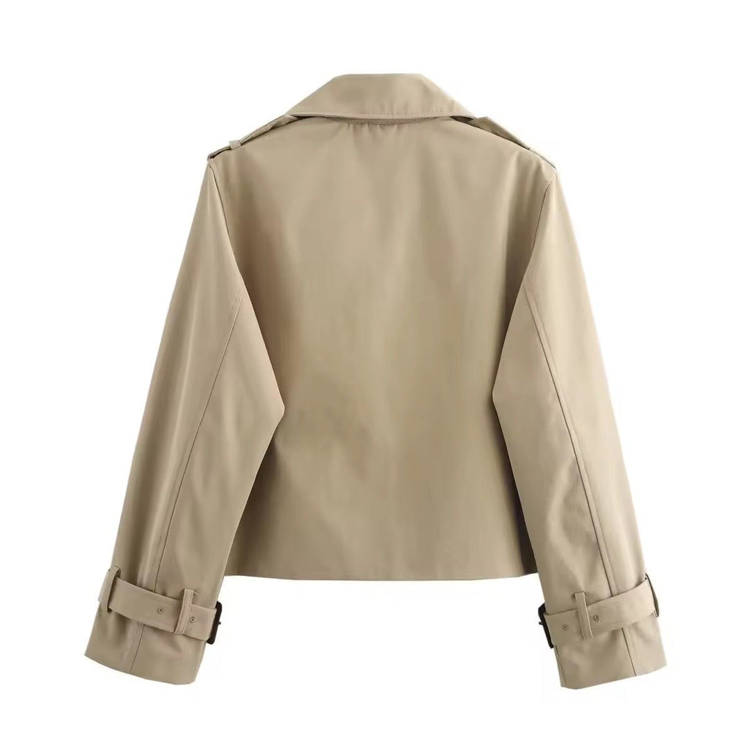 Women's short double-breasted trench jacket in beige – back view