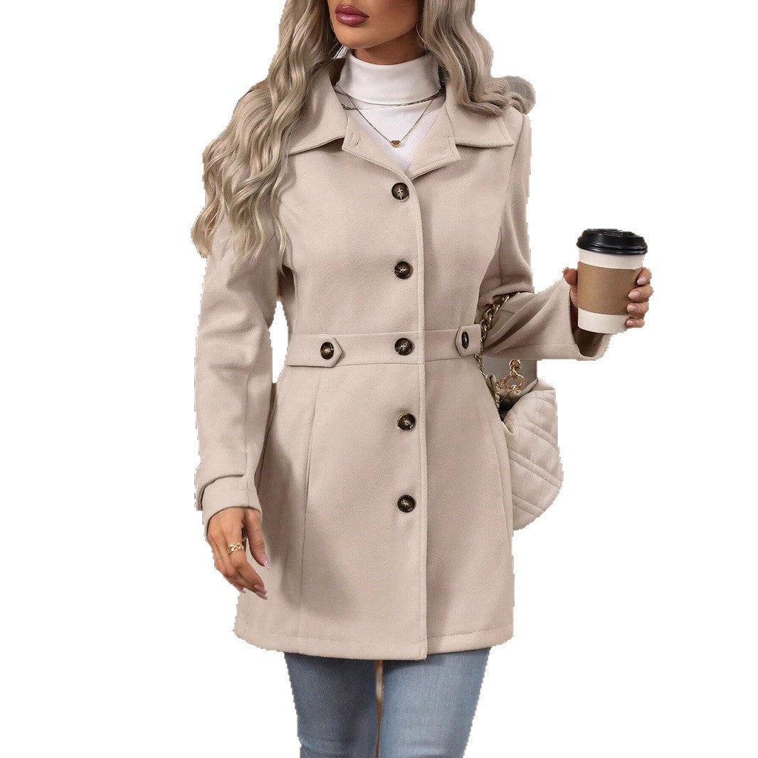Women's single-breasted lapel coat in beige – front view