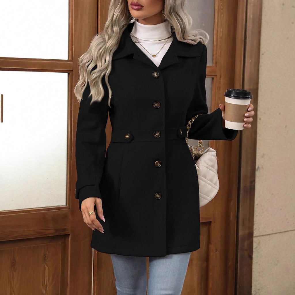 Women's single-breasted lapel coat in black – front view