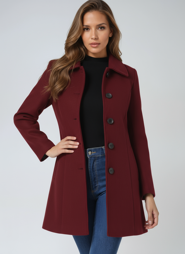 Women's single-breasted collar coat in burgundy – front view