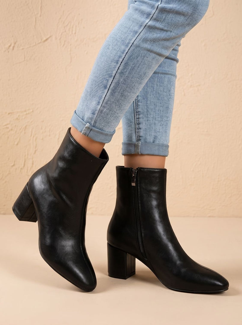 Women's Sleek Block Heel Ankle Boots in black