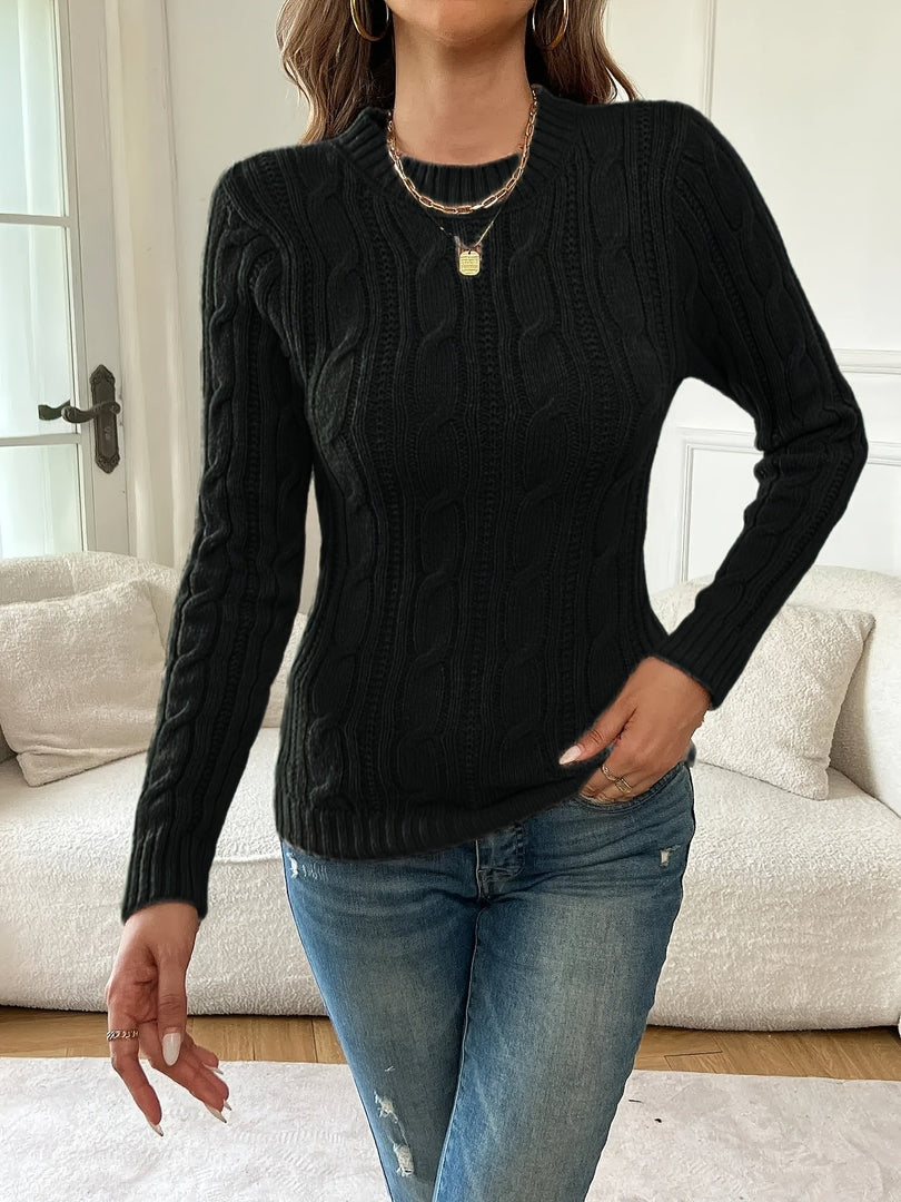 Women's slim cable knit sweater in black – full look