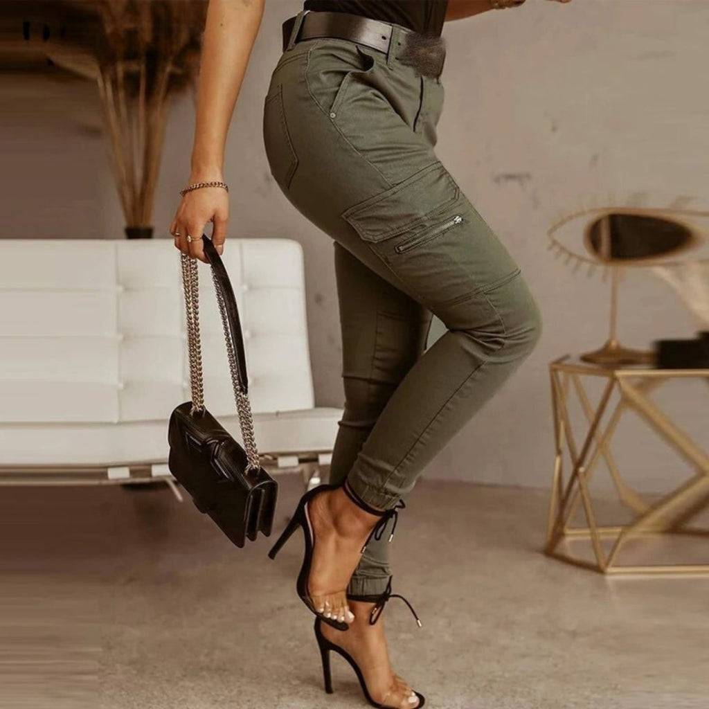 Women's slim fit cargo trousers in olive green – side view