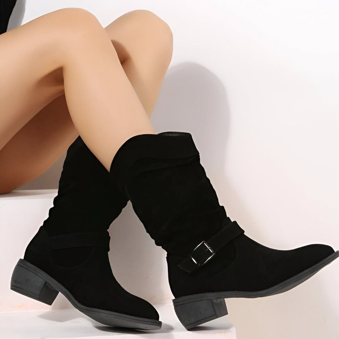 Women's slouch buckle boots in black – side view