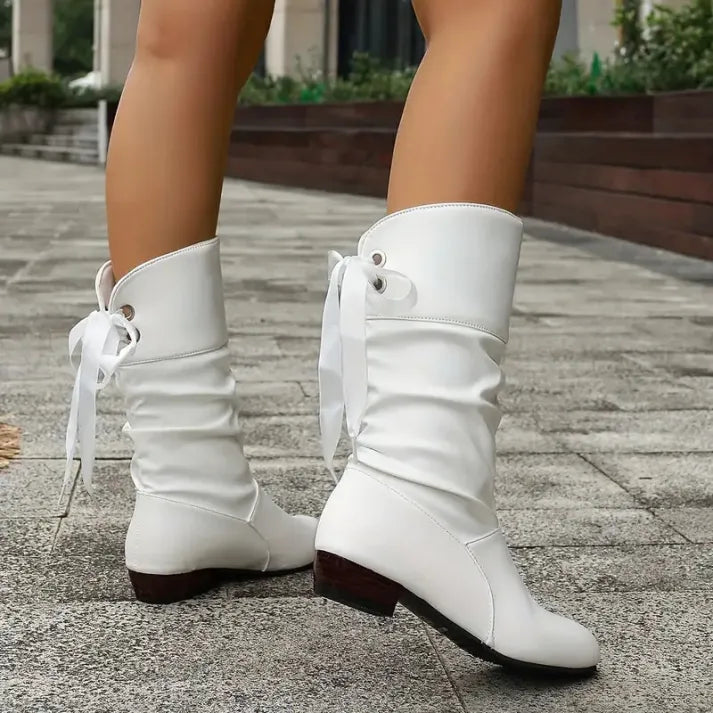Women's slouch mid-calf boots in white – lace-up back